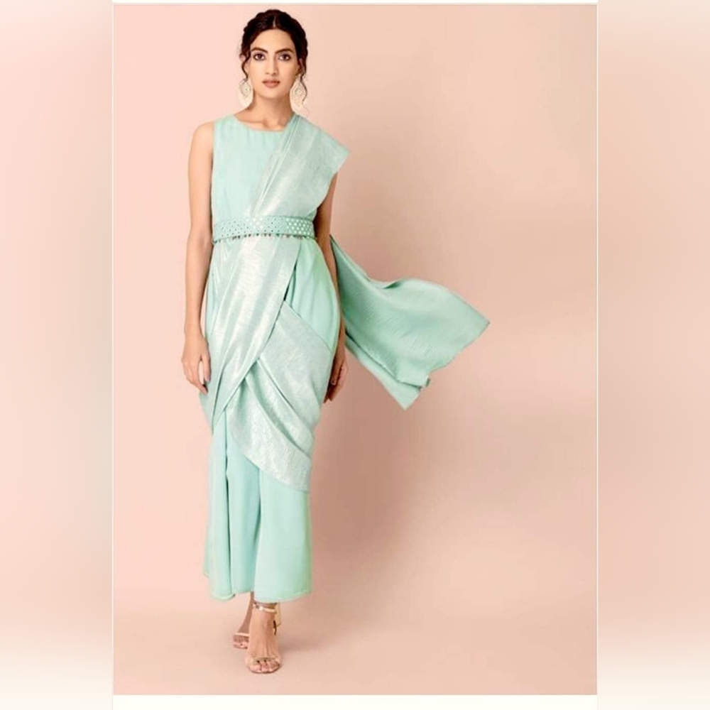 House of Indya Sage Silver Pleated Pallu Pre-Stitched Saree with Attached Blouse